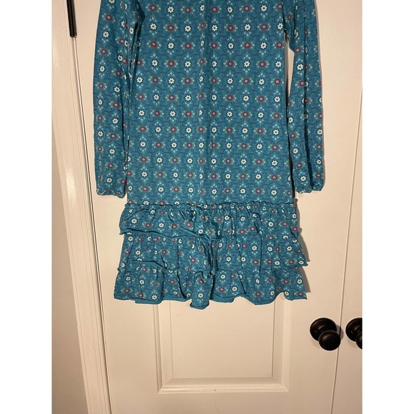 Lands End Girls Blue Flower Long Sleeve Ruffle Dress sz10 - Picture 2 of 6
